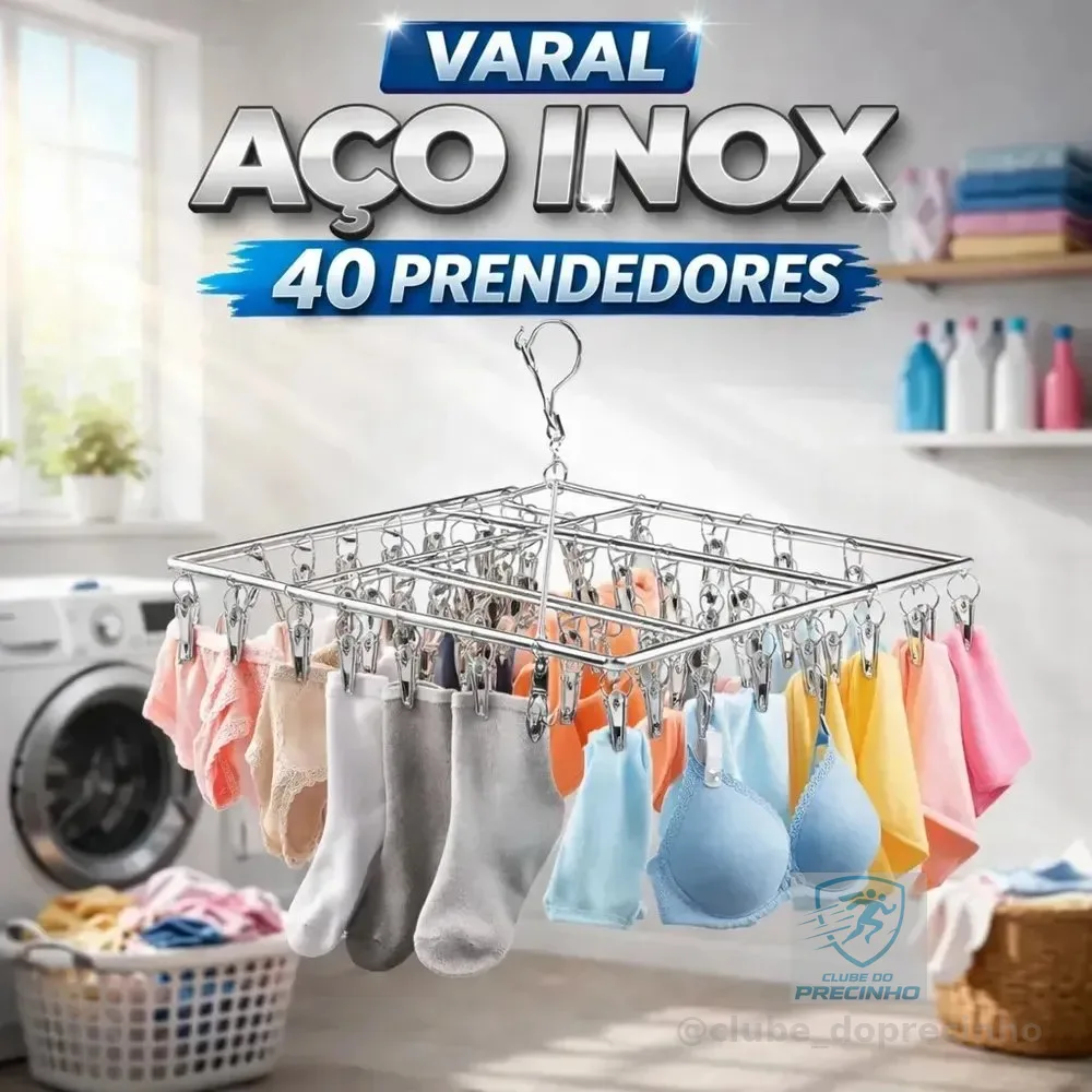 Varal Suspenso Tche Amo de Aço Inoxidável com 40 Prendedores para Roupa Íntima e de Bebê