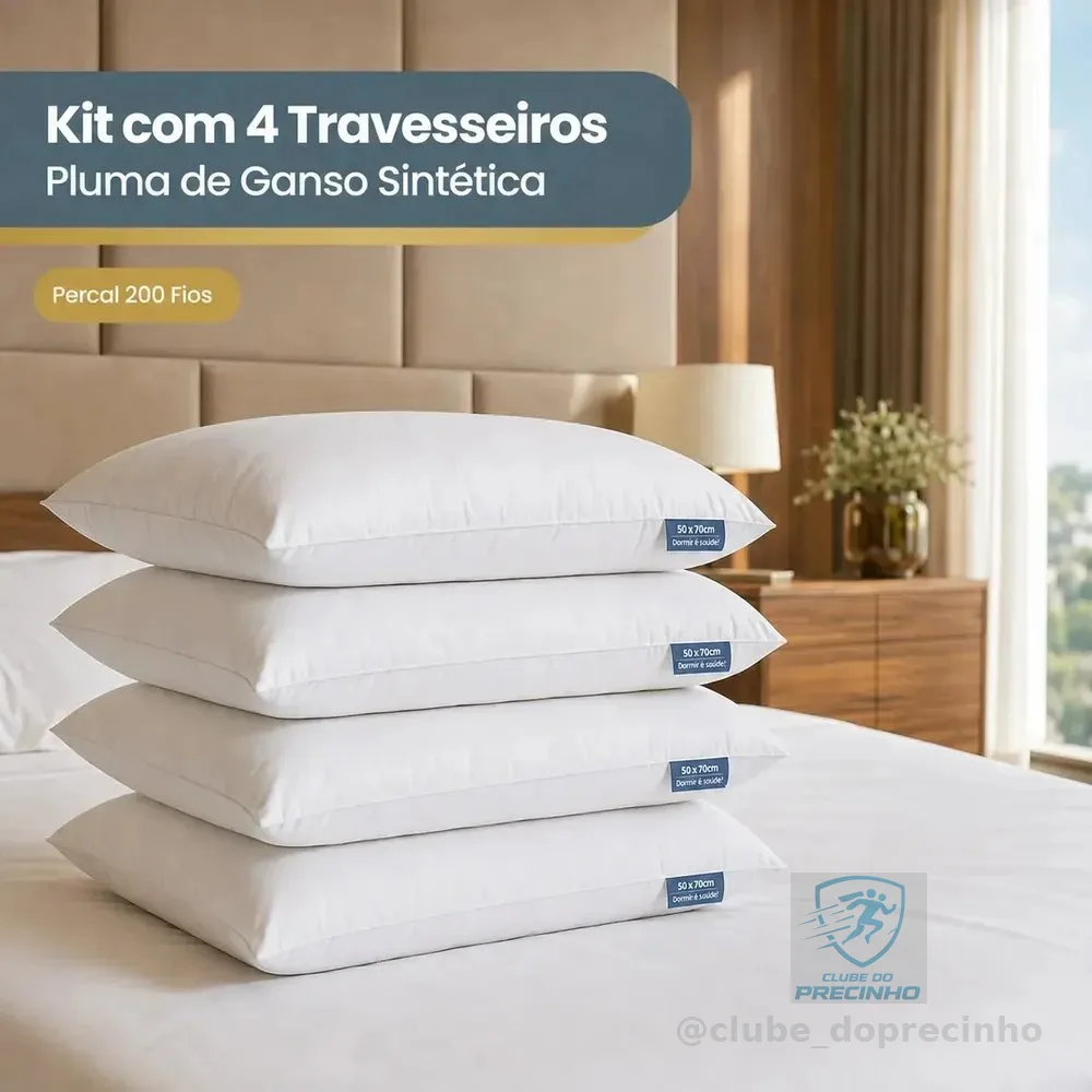Kit 4 Travesseiro De Pluma De Ganso Sintética Super Macio Premium Antialérgico Conforto Extra Hotel Luxo - Cor Branco