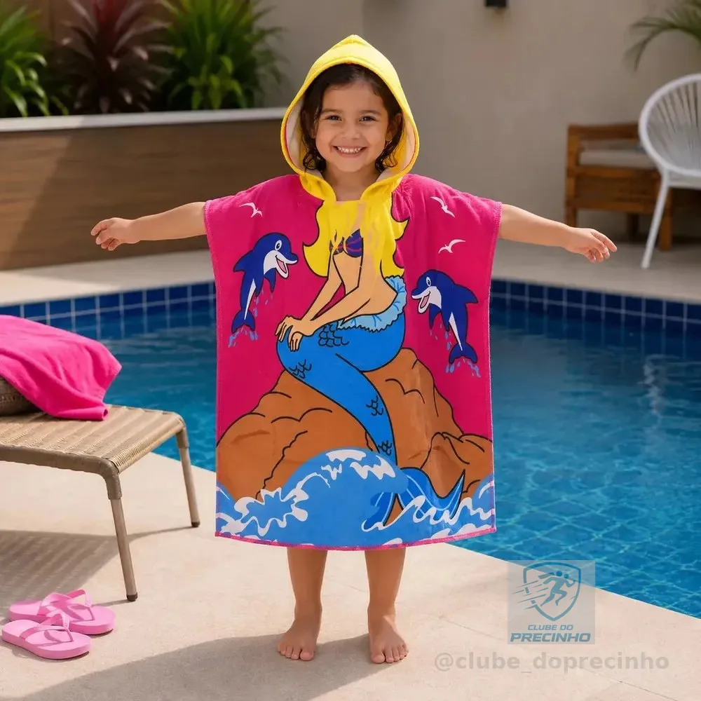 Poncho Infantil Natacao Surf Atoalhado Roupão Eps-0147 Praia Piscina Banho Toalha Estampa de Sereia Menina