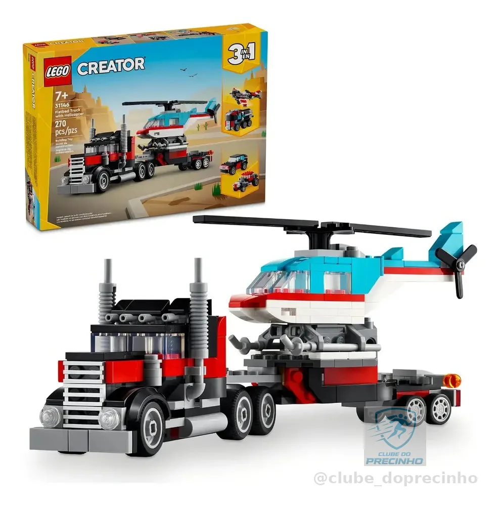 <p>LEGO® Creator 3 em 1 – Caminhão Plataforma com Helicóptero, Jogo de Carro Hot Rod, Avião de Brinquedo, Caminhão de Brinquedo, Miniatura de Avião, Presente para Criança de 7 Anos 31146</p>