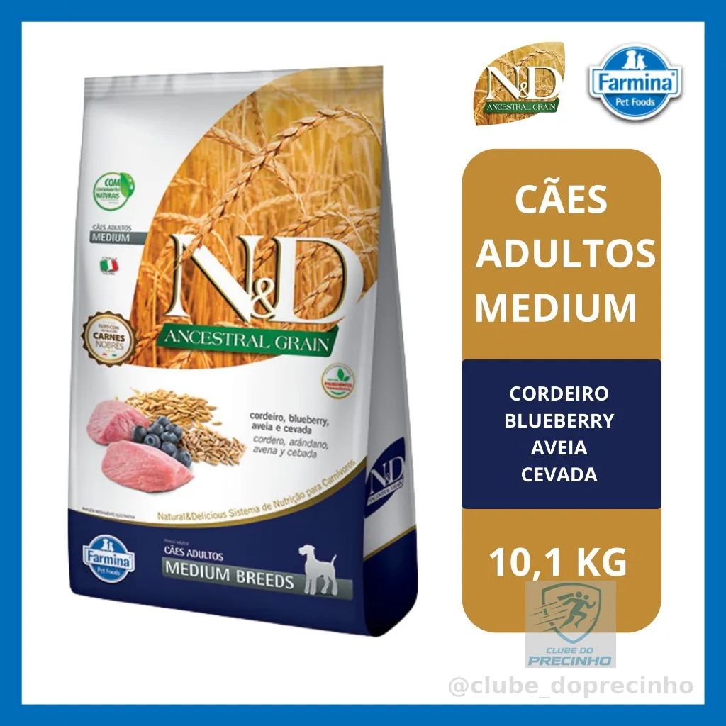 Ração 10,1Kg Farmina N&D Ancestral Grain para cães Adultos raças medias Cordeiro e blueberry