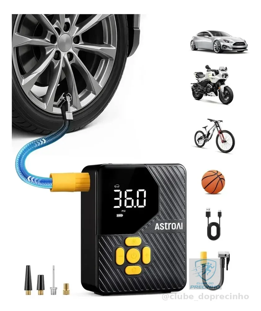 Mini Compressor de Ar Portátil AstroAI 150 psi para Pneus com Tela Digital e Lanterna