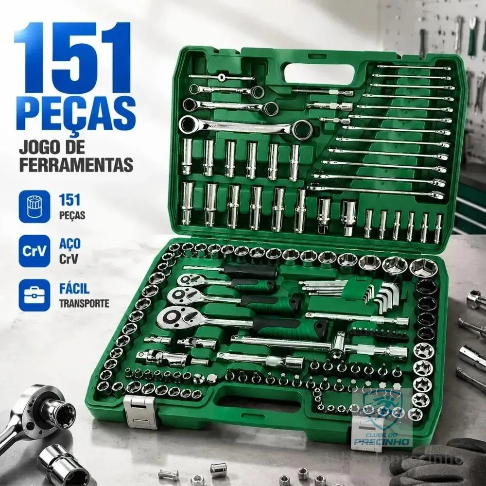 Kit Jogo De Ferramentas Com Soquetes 151 Peças De Aço Crv Verde-musgo