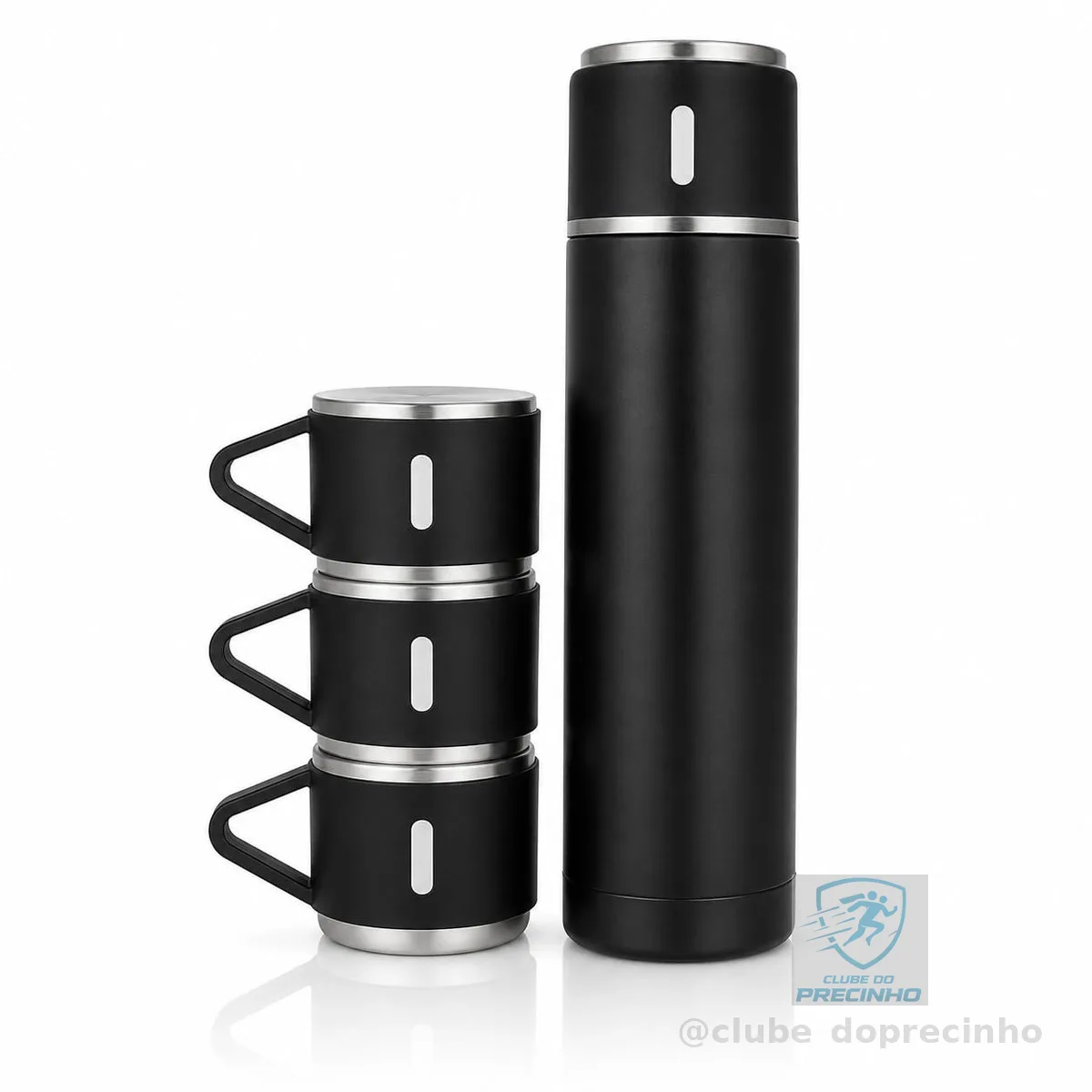 Kit Garrafa Térmica Inox 500ml com 3 Xícaras e Sistema de Botão