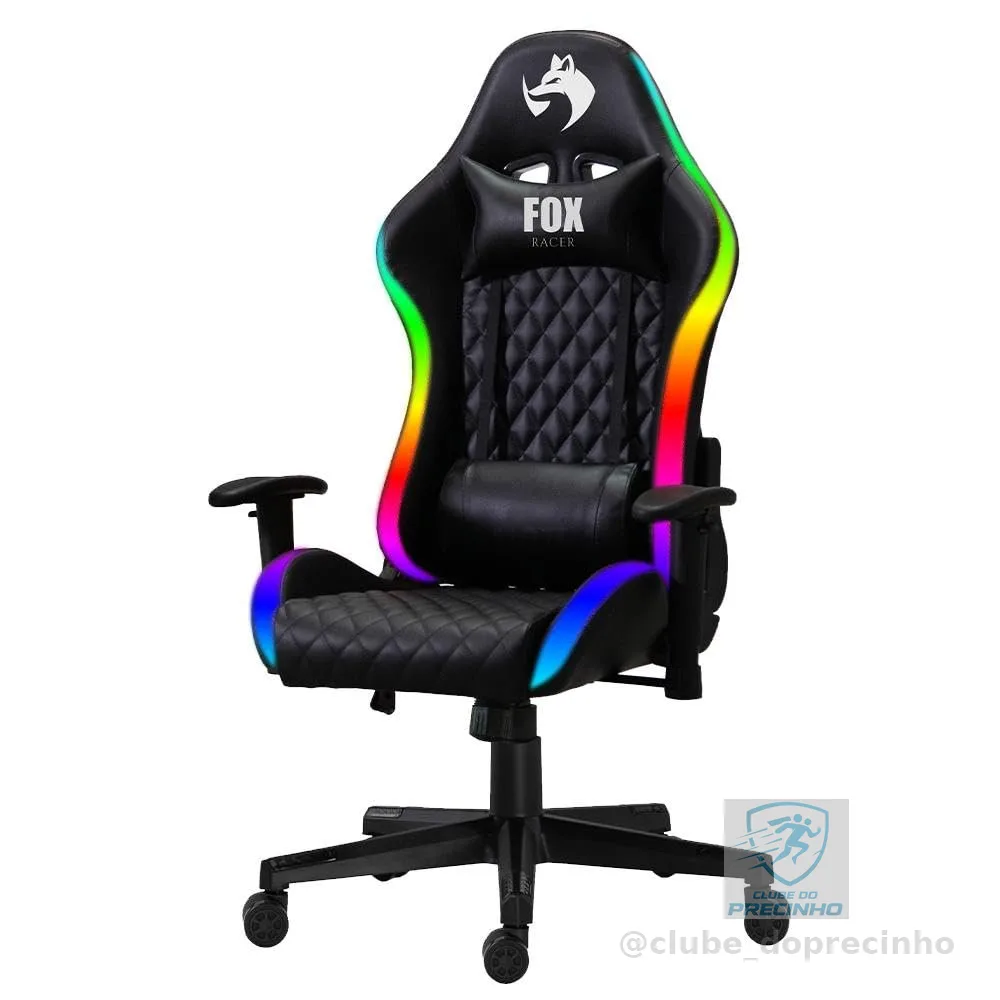 Cadeira Gamer Fox Racer até 130kgs com RGB e Iluminação LED com almofadas Reclinável Preta
