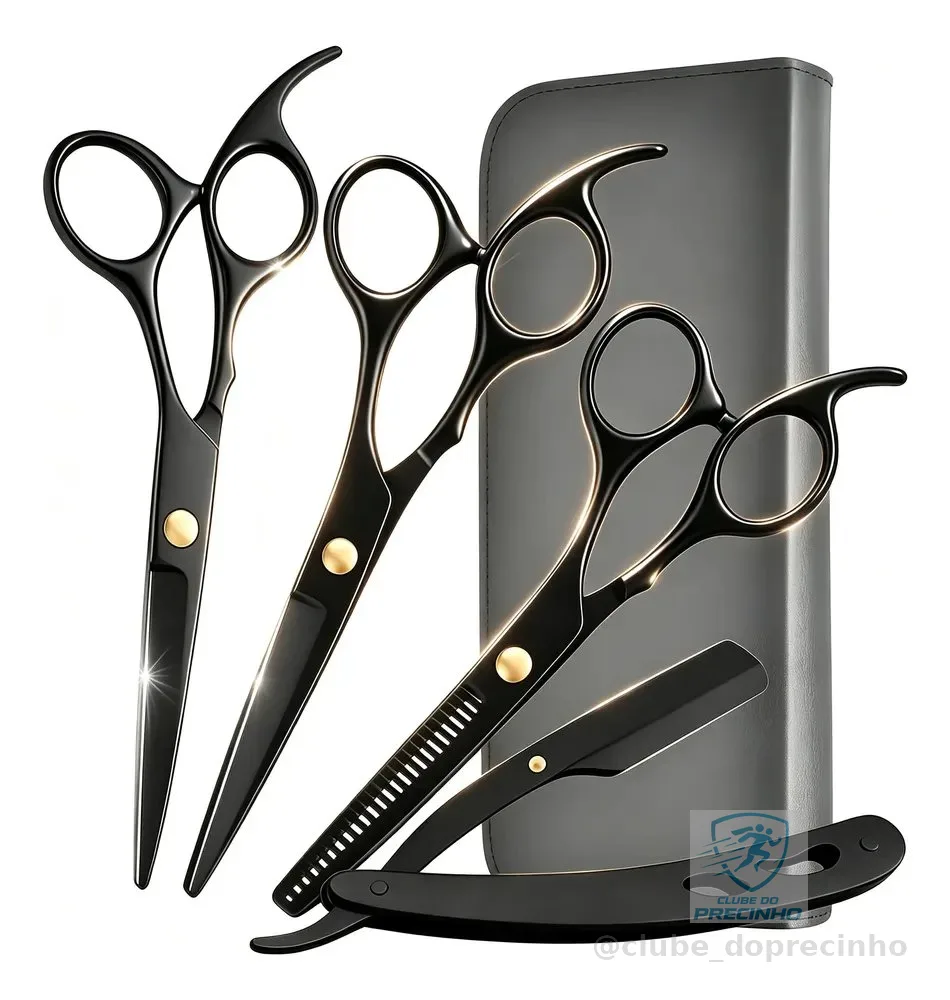 Kit 4 Tesoura Profissional Fio Laser Navalha Desfiadeira Preto Fio Laser Navalha Desfiadeira Barba 4 Peças