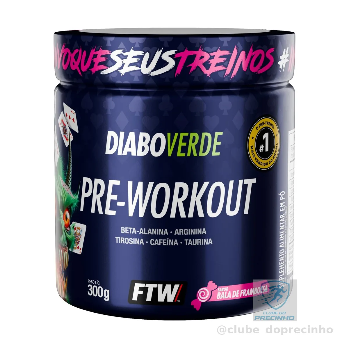 Pré Treino Pre Workout DIABO VERDE Pote 300g Sabor Bala de Framboesa FTW - Suplemento Com Cafeína, Aminoácidos Beta‑Alanina e Arginina para Treinos e Atividades Físicas