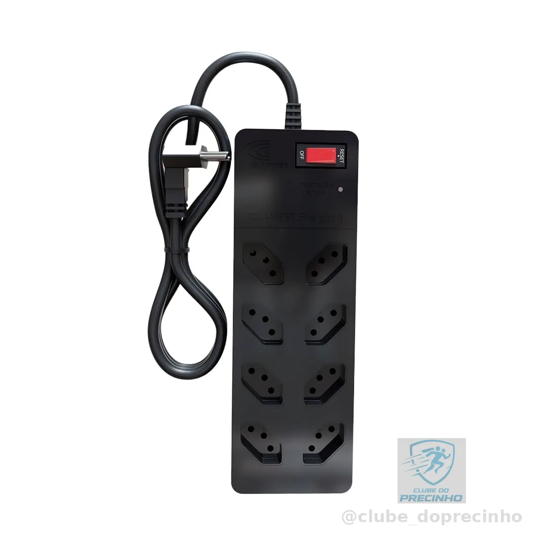 Filtro de Linha iCLAMPER Energia 8 com Proteção contra Surtos Elétricos(DPS) 8 Tomadas, 3 Pinos, 10 Amperes para PC, Notebook, Roteador, Monitor, Impressora, PS5, Alexa e etc, Bivolt, Cabo de 1m Preto