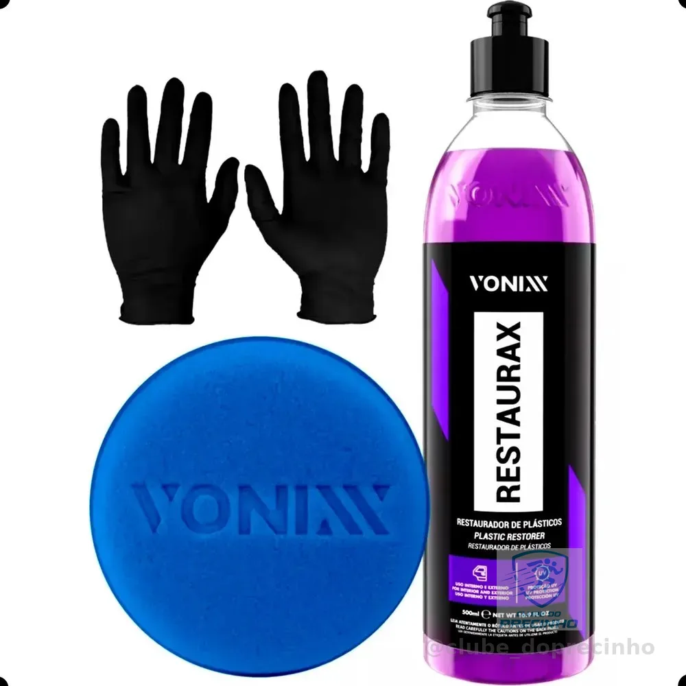 Restaurador de Plásticos Restaurax Vonixx 500ml Renova e Protege Painéis Parachoques com Luvas + Aplicador