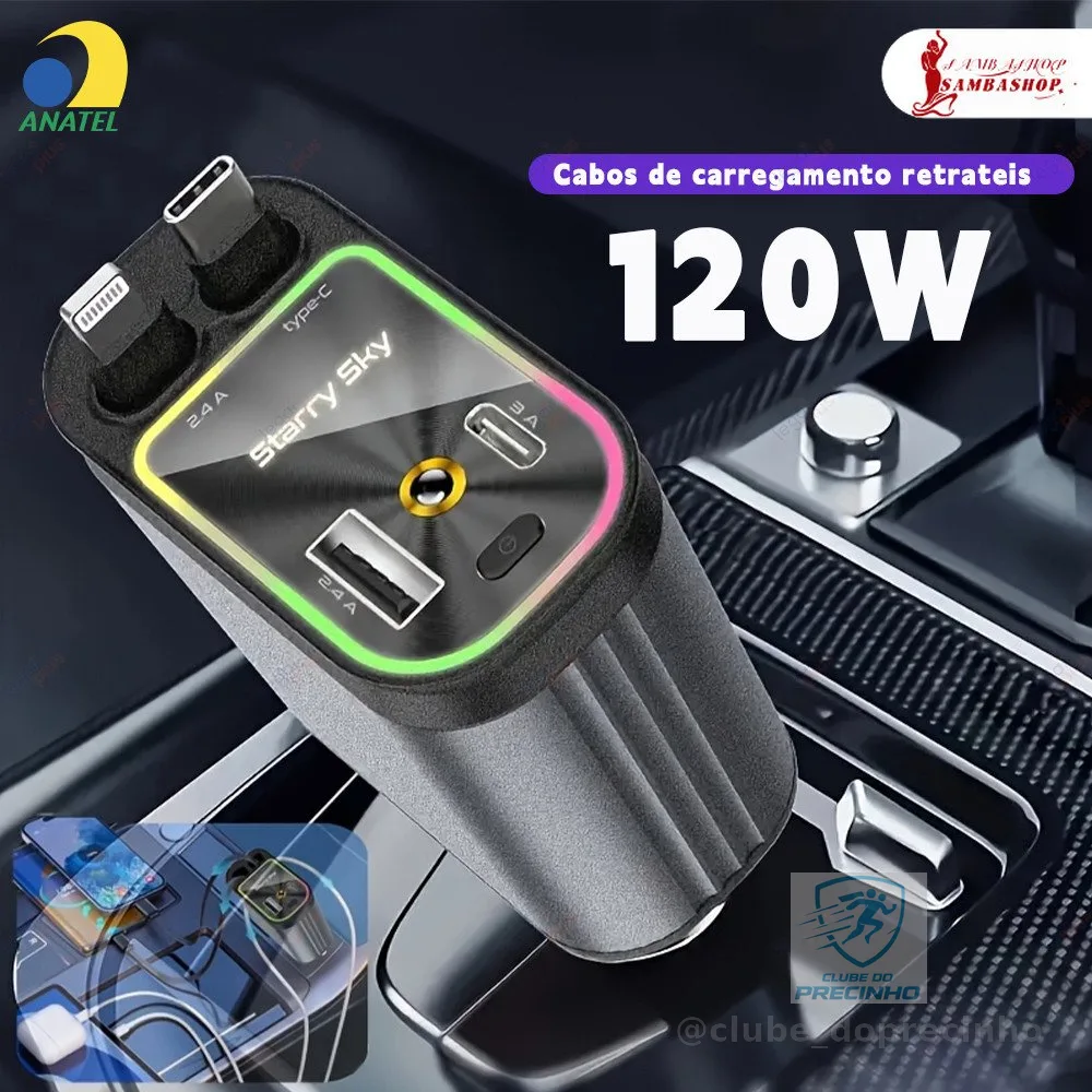 Carregador Rápido Retrátil Automotivo 180° Giratório 4 em 1 Cabo Extensível para iPhone e Android