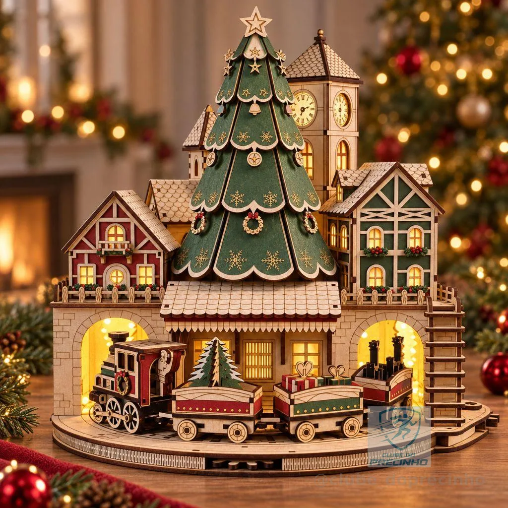 VILA DE NATAL COM ENGRENAGEM QUE RODA O TREM CENÁRIO VILA NATALINA COM PAPAI NOEL E ÁRVORE DE NATAL EM MDF 3mm 1ºLINHA