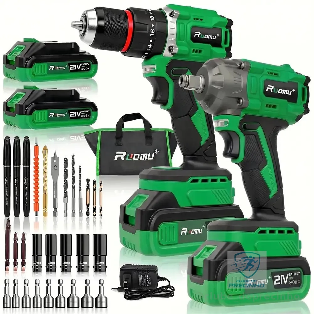 Kit Chave De Impacto + Furadeira Parafusadeira Brushless 21v 2 Baterias