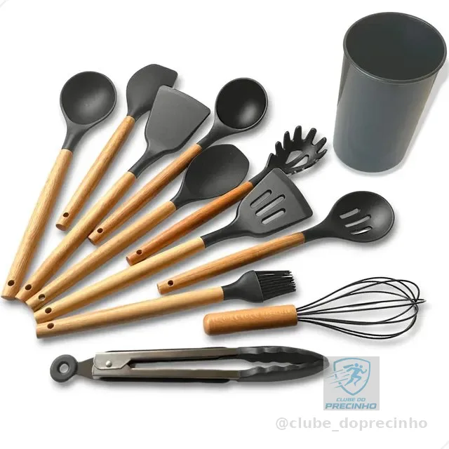 Kit C/12 Utensílios De Cozinha Silicone Cabo Madeira