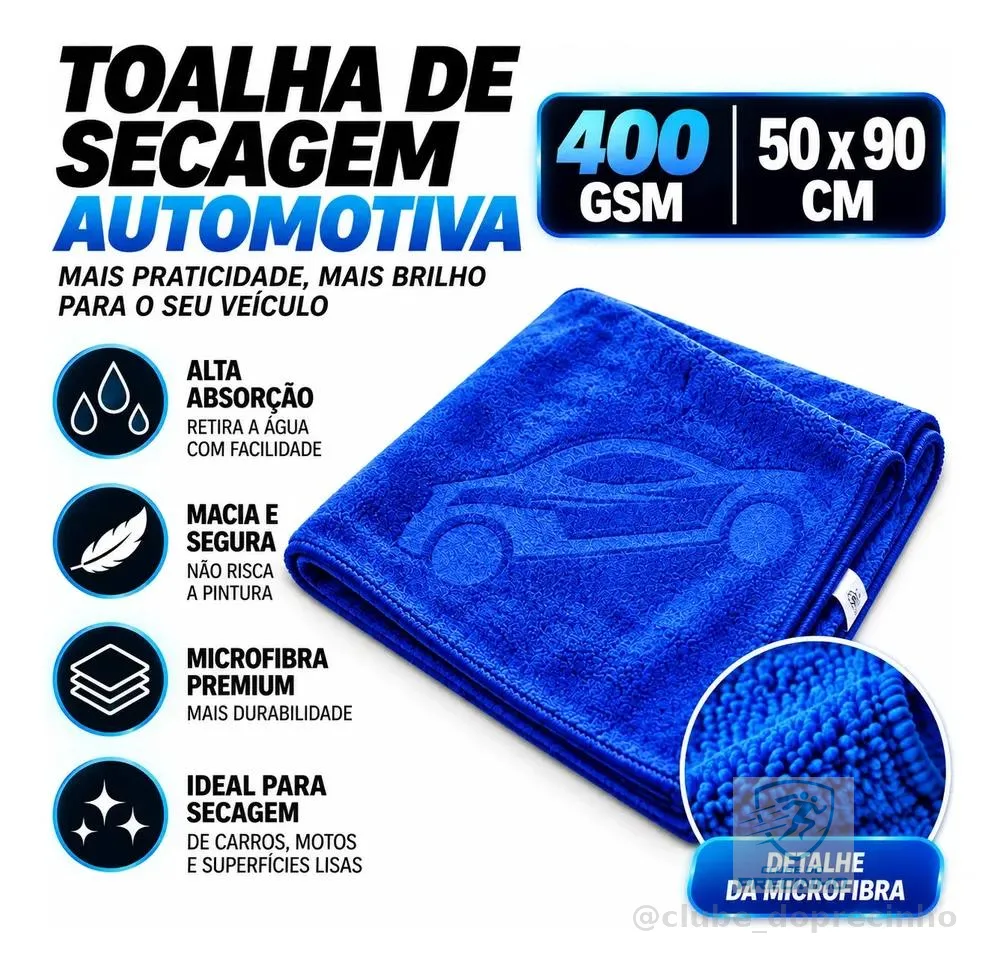 Toalha Para Secagem De Carro Automotiva 400gsm 50x90 Azul
