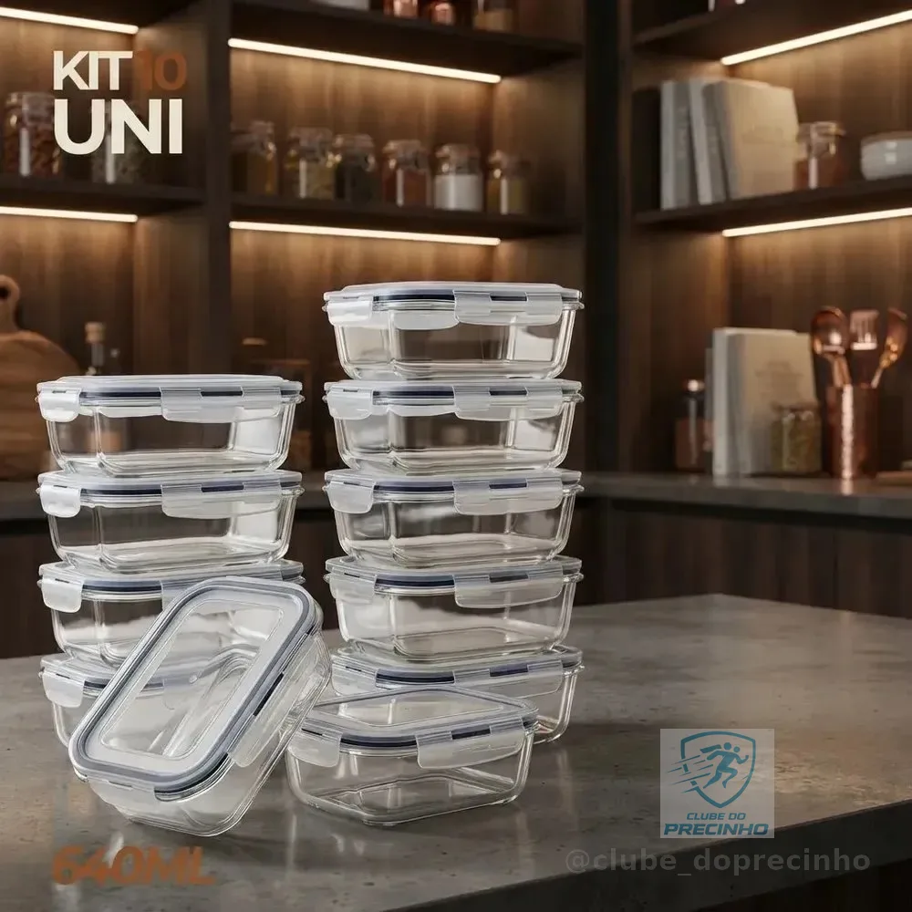 Kit 10 Pote De Vidro Marmita Hermético 640ml Freezer Fitness Rishon