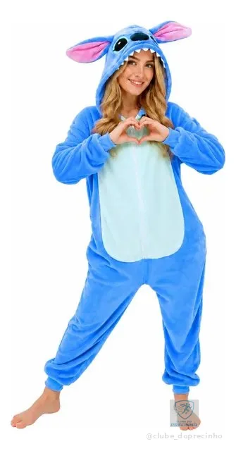 Pijama Macacão Kigurumi Stitch Feminino Adulto Plush Zíper