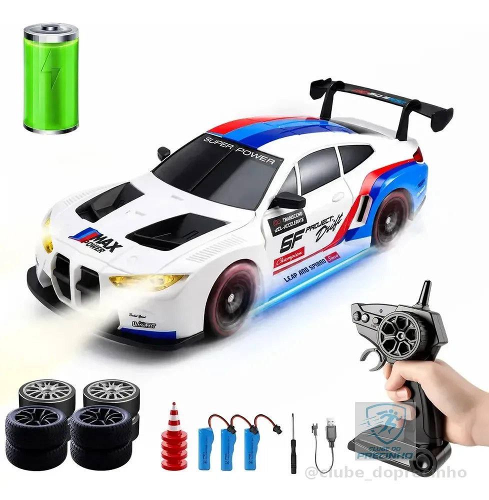 Carro de Controle Remoto Fallove 4x4 para Drift e Corrida com 3 Baterias e 2 Jogos de Pneus