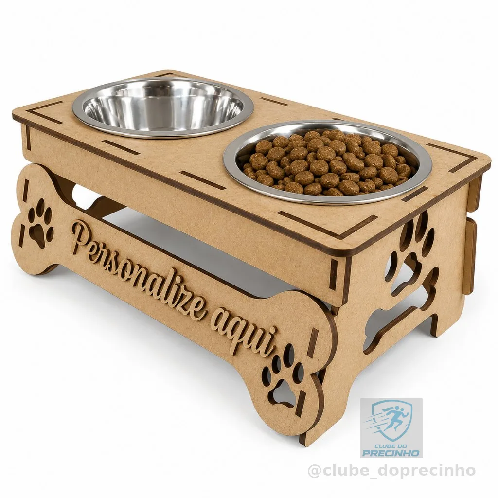 Comedouro Duplo Personalizado em MDF com Tigelas de Inox para Gatos - Estilo Pet Moderno