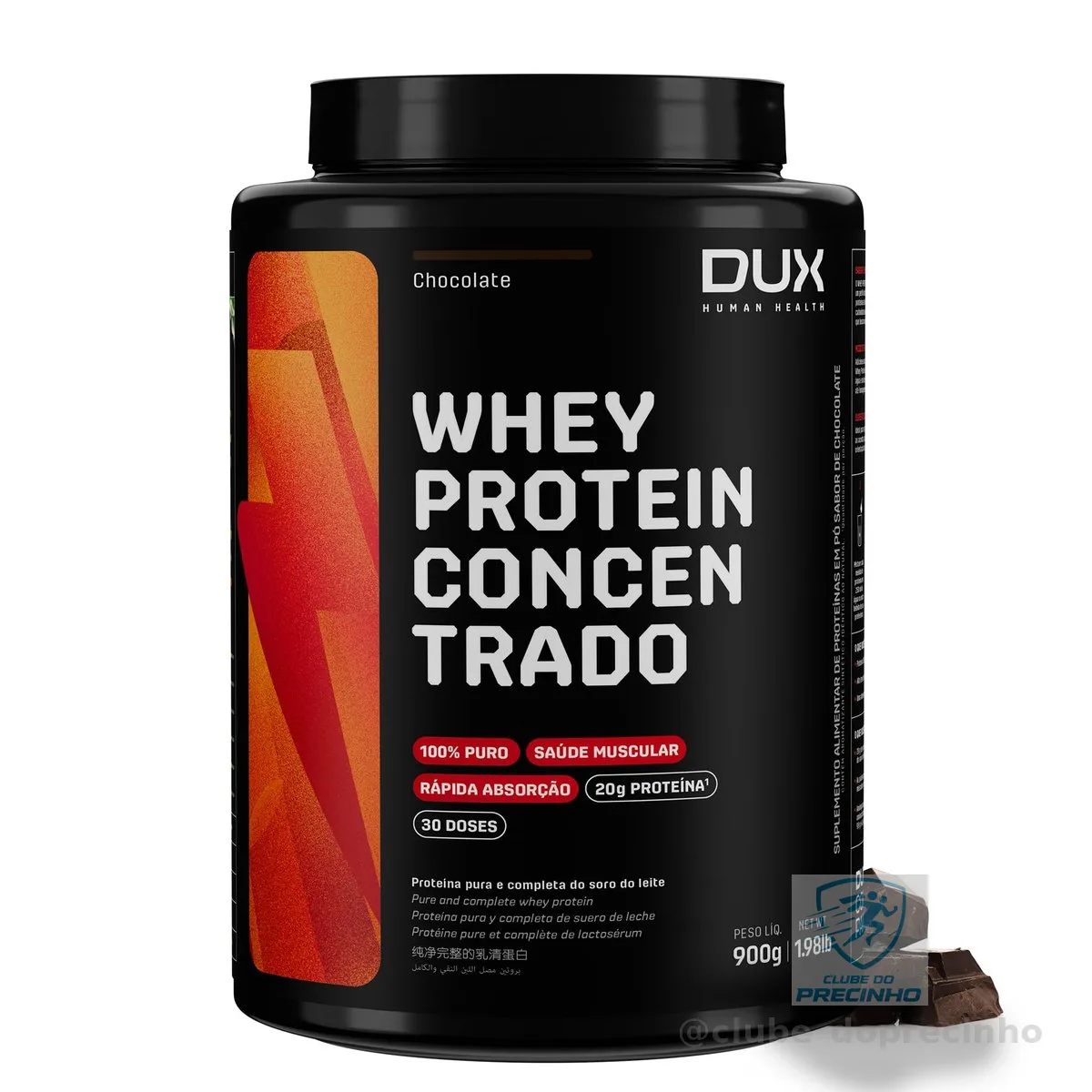 DUX HUMAN HEALTH Whey Protein Concentrado 900g Chocolate – 23g de Proteína e 5g de BCAAs por Porção
