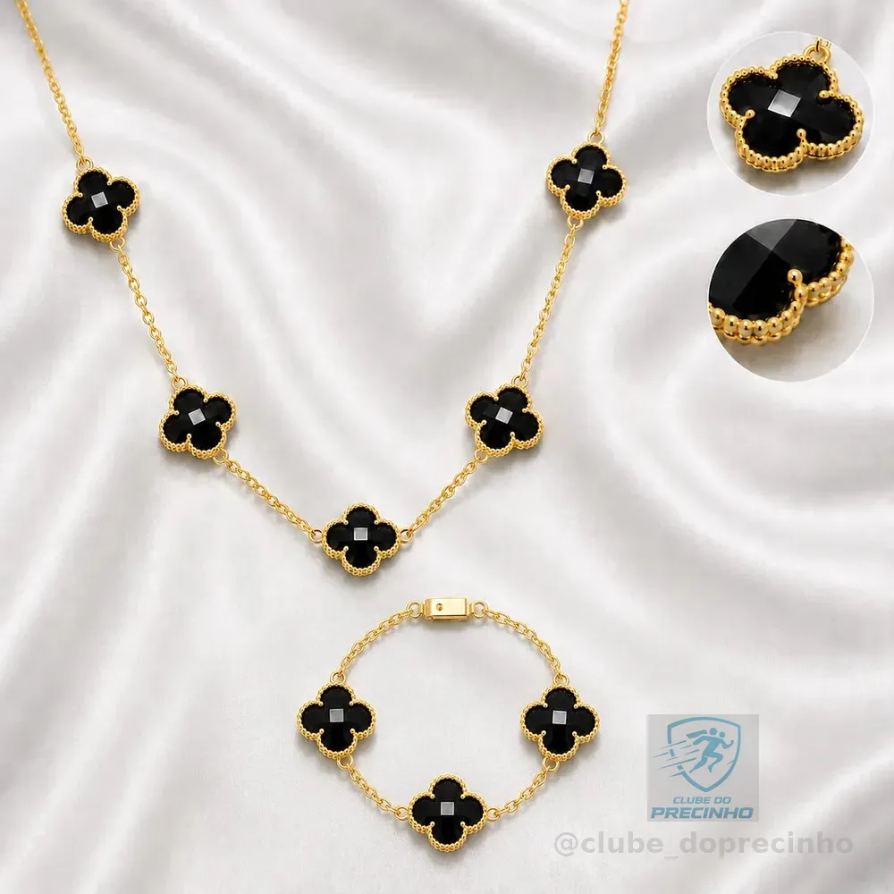 Kit Cordão +pulseira Trevo Van Cleef Preto 100% Moeda Antiga Dourado