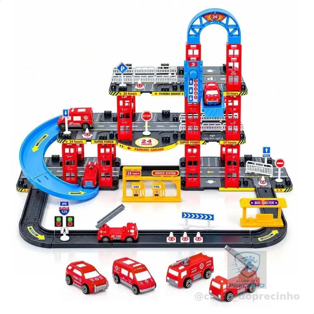 Pista De Carrinhos Bombeiros Brinquedo Infantil Corrida Vermelho
