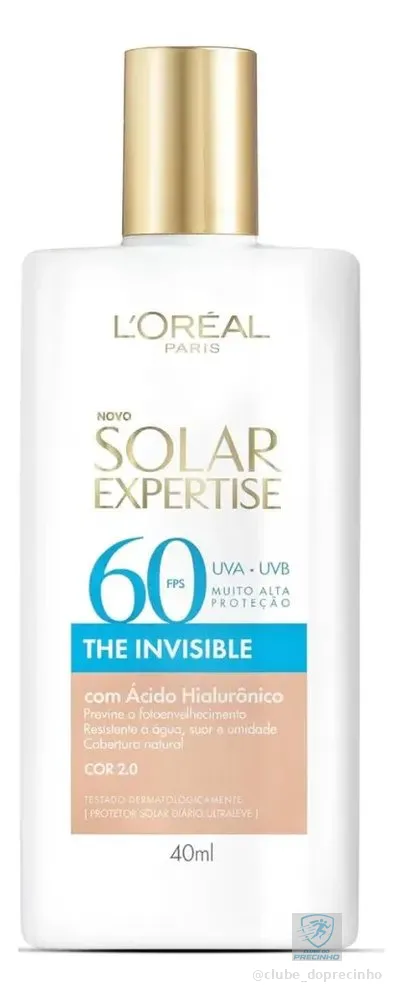 Protetor Solar Facial FPS 60, Textura Aquosa Ultraleve, Proteção Avançada Anti-Idade, Cor 2.0, Expertise The Invisible L’Oréal Paris Solar 40g