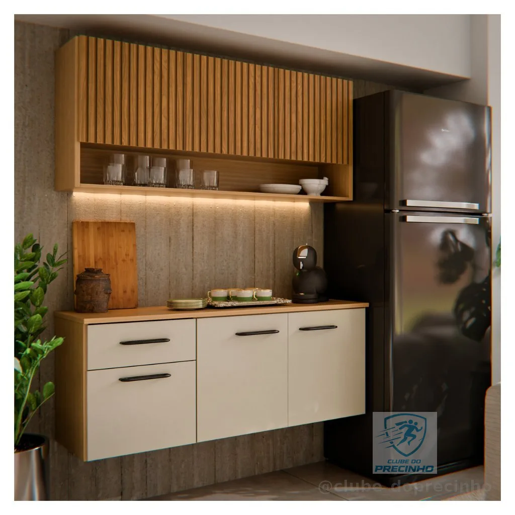 Armário de Cozinha Completo 6 Portas Ripado 3D com Balcão e Aéreo Suspenso Cozinha Compacta Eliza