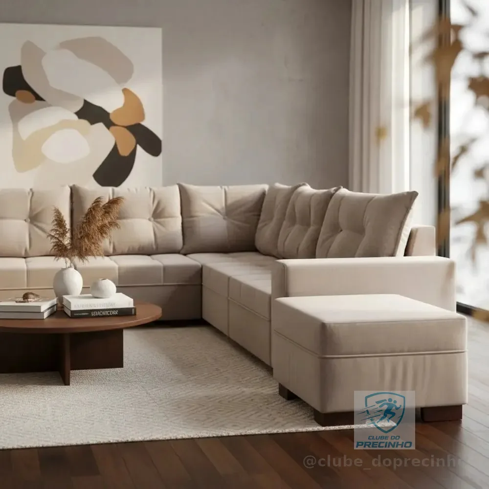 Sofá De Canto Modulado 7 Lugares Glória Suede Bege Liso