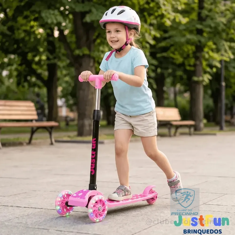 Patinete Infantil 3 Rodas De Led Dobrável Scooter Crianças JustFun Brinquedos Cor Rosa
