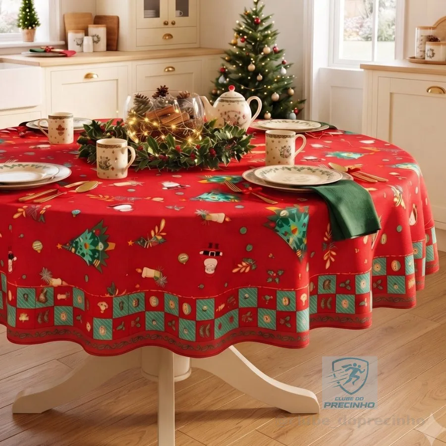 Toalha de Mesa Redonda 4 Lugares Natal Feliz 135cm
