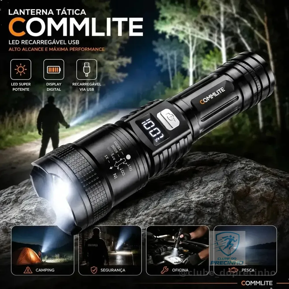 Lanterna Tática Recarregável Atualizada Led Visor Digital Zoom Telescopico ABS 3 Modos Iluminação USB Display Digital Zoom Potente Alta Potência Commlite