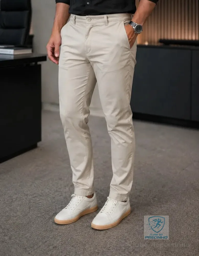 Calça Sarja Masculina Lycra Sport Fino Slim Bolso Embutido Cáqui Liso 40