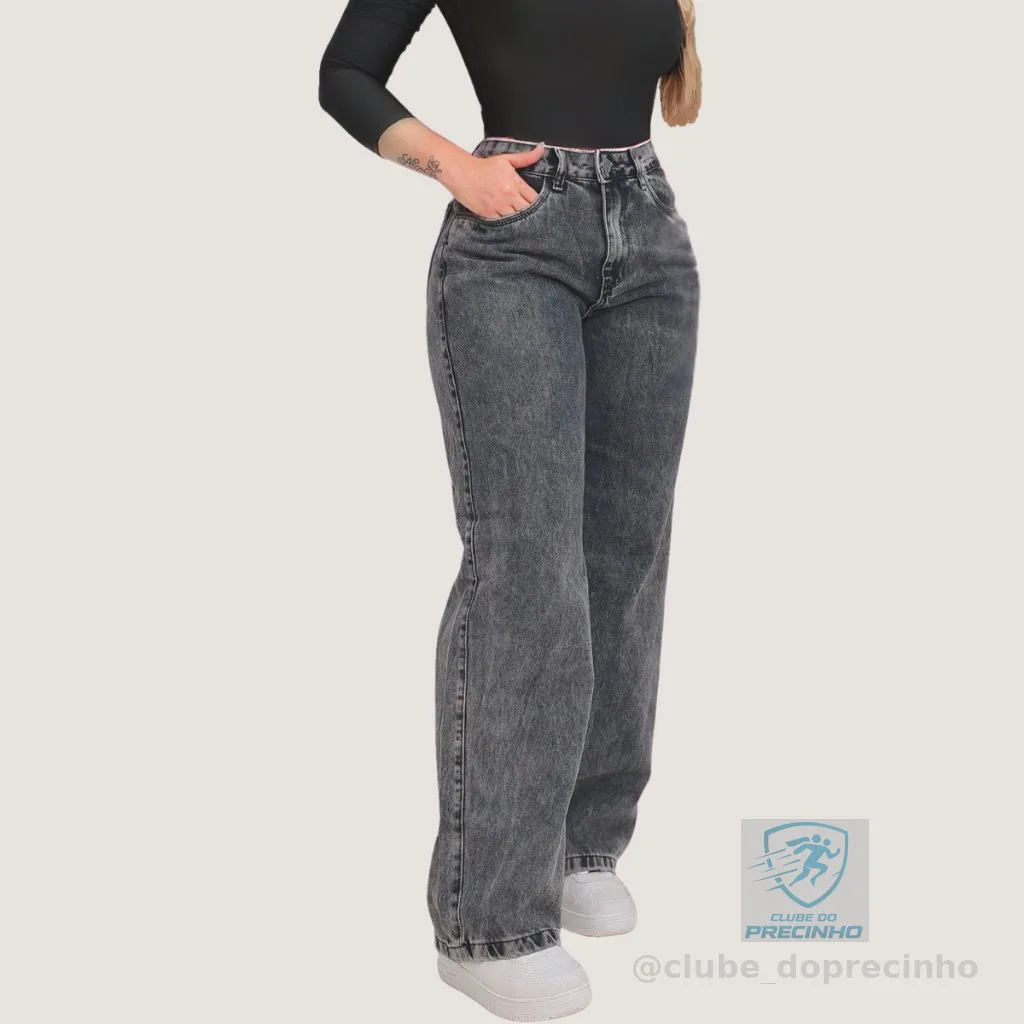 Calça Jeans Feminina Wide Leg Pantalona Cinza Grafite 100% Jeans Não Estica do 34 ao 44