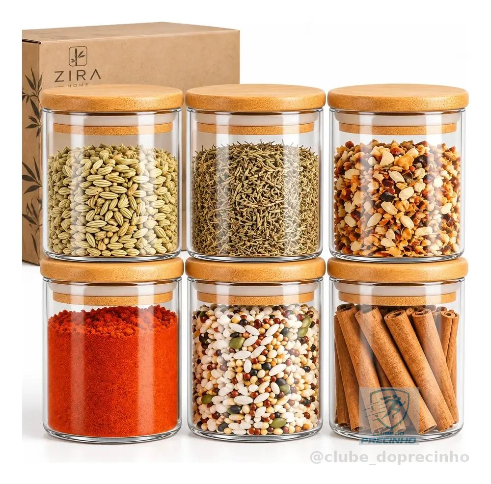 Kit 6 Pote Vidro Porta Temperos Hermético Cozinha Organiza Vidro/tampa De Bambu