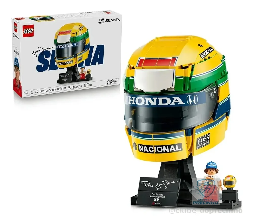 Capacete Ayrton Senna 43024 da LEGO® Editions; conjunto de construção e coleção F1®; ideia de presente para fãs de Fórmula 1; inclui placa de autógrafo e minifigura de Senna; maiores de 14 anos
