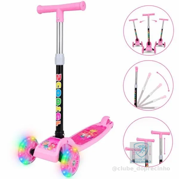 Patinete infantil 3 rodas com luzes led dobrável e ajustável menino menina