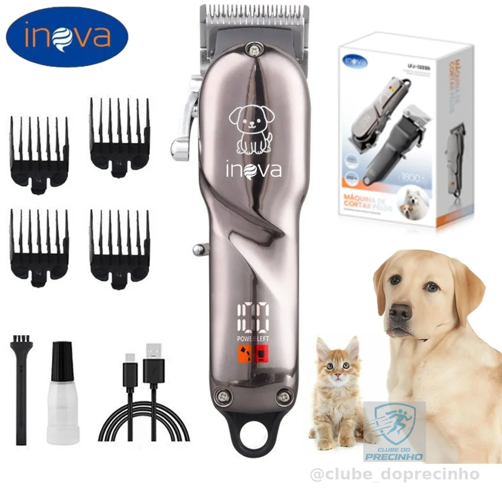Inova Máquina de Tosa Profissional para Pets – Motor Potente, Silenciosa, LCD, Recarregável Type-C, Lâmina Inox