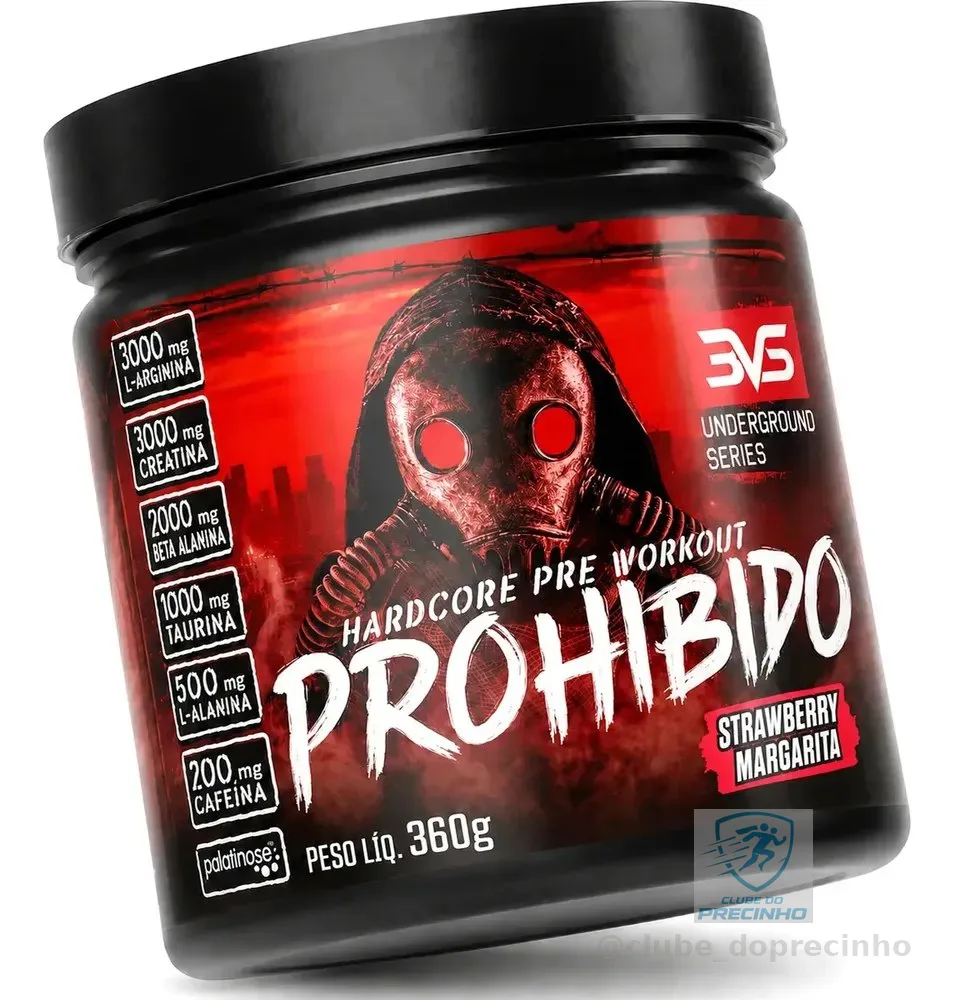 PRÉ TREINO PROHIBIDO 360g Sabor Morango (Strawberry Margarita) - Fórmula Avançada contendo Creatina, Beta Alanina, Taurina, L-tirosina, L-alanina, Cafeína, Arginina e Palatinose - Extra Forte