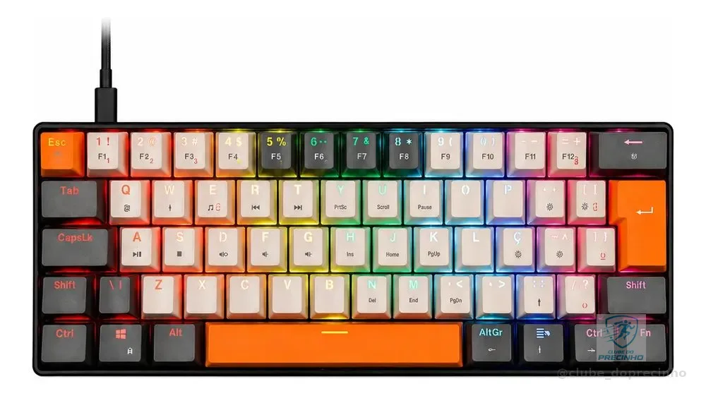 Teclado Gamer Mecânico 60% Switch Blue Rgb Anti Ghosting Pc Laranja Português