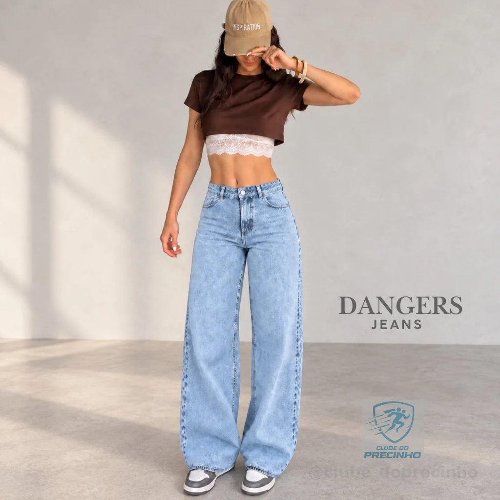 Calça Jeans Feminina Wide Leg Marmorizada Cintura Alta Sem Lycra