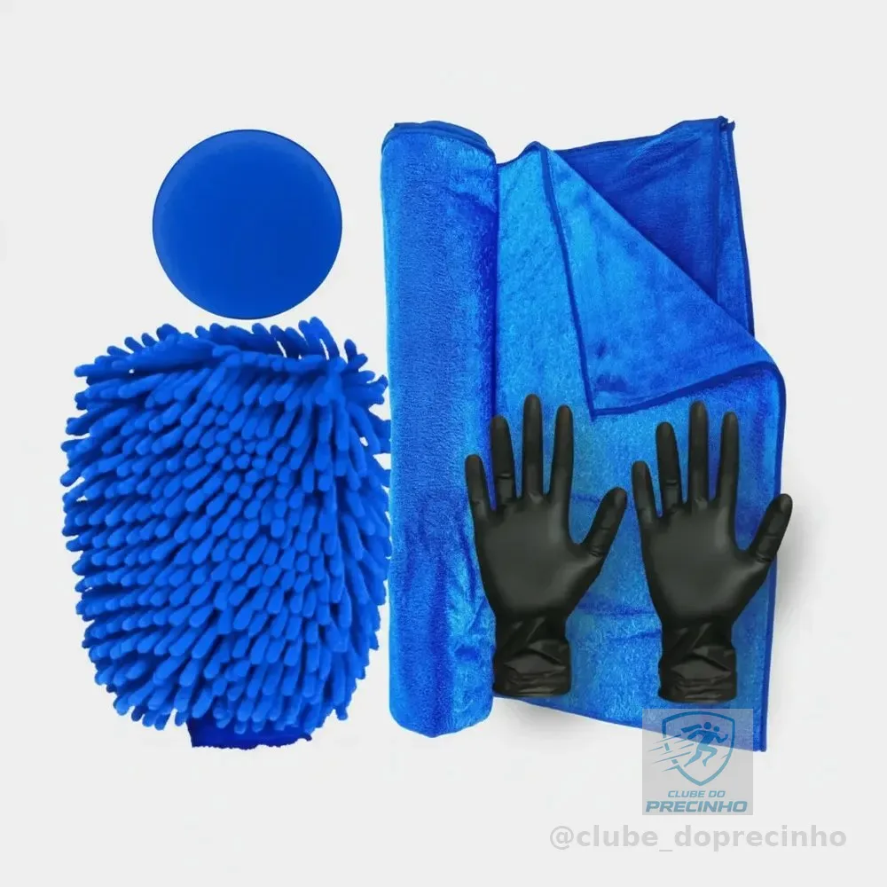 Kit Lavagem Luva Microfibra + Aplicador + Toalha De Secagem Azul