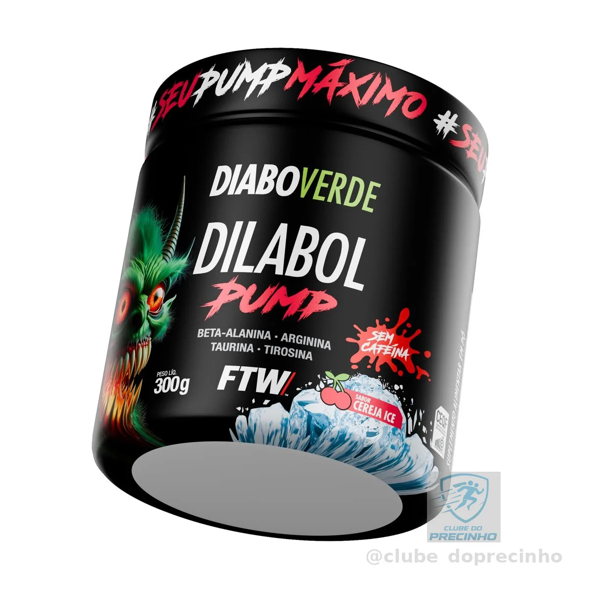 Pré Treino Dilabol Pump Sem cafeína Diabo Verde Pote 300g Sabor Cereja Ice - FTW Pré Workout com Beta-Alanina, Arginina, Taurina, Tirosina, Zinco e Cromo