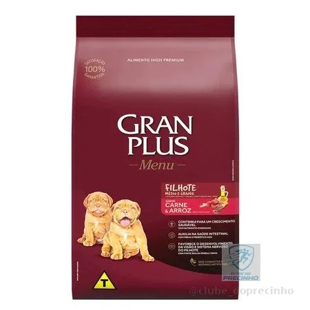 Ração GranPlus Menu Cão Filhote Carne e Arroz 15kg para Raças Médias e Grandes