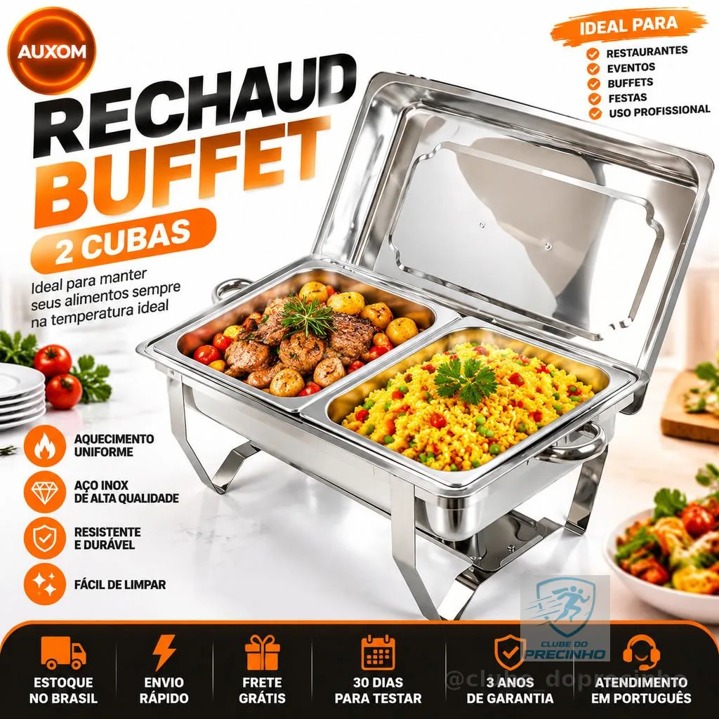 Rechaud Inox 11 Litros 1/3 Panelas Banho Maria 3 Cubas Buffet Profissional Para Festa e Eventos