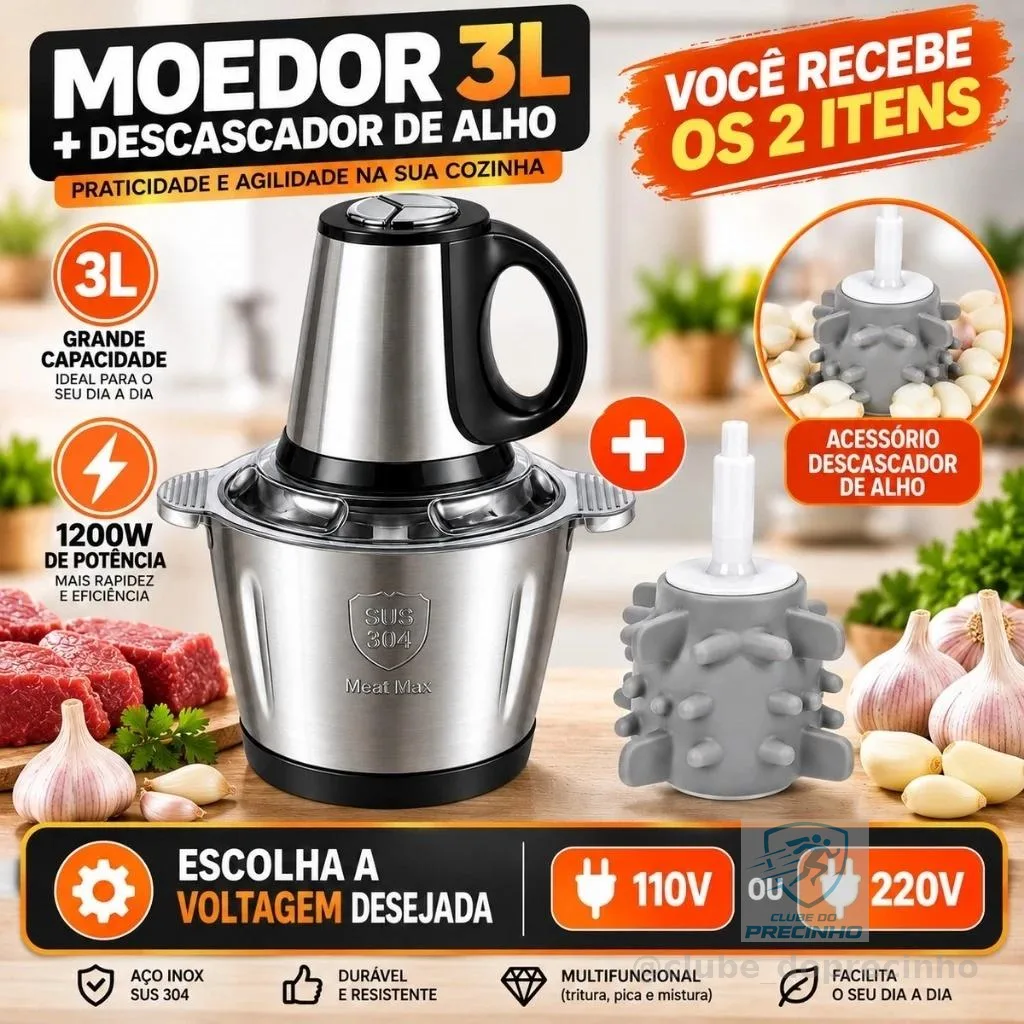 Moedor de Carne Elétrico 1200W 2L 3L Inox Triturador Processador de Alimentos 110V 220V com Alça