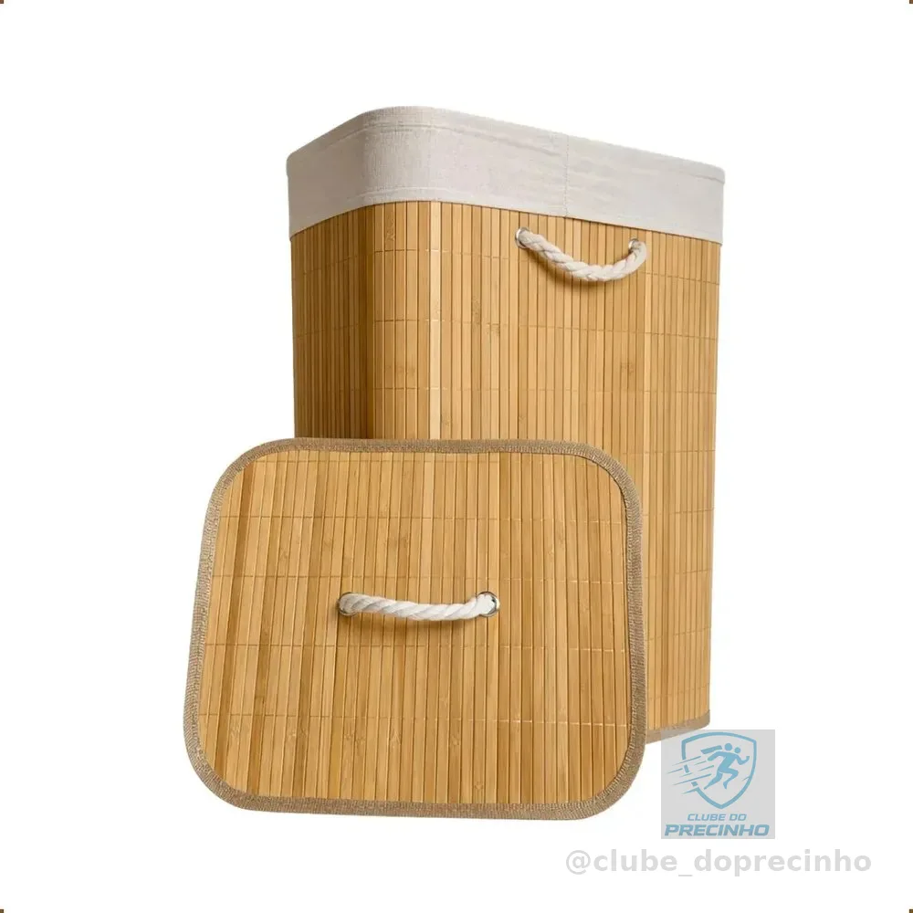 Cesto de Roupa Bambu Retangular de 72L com Tampa e Forro de Linho