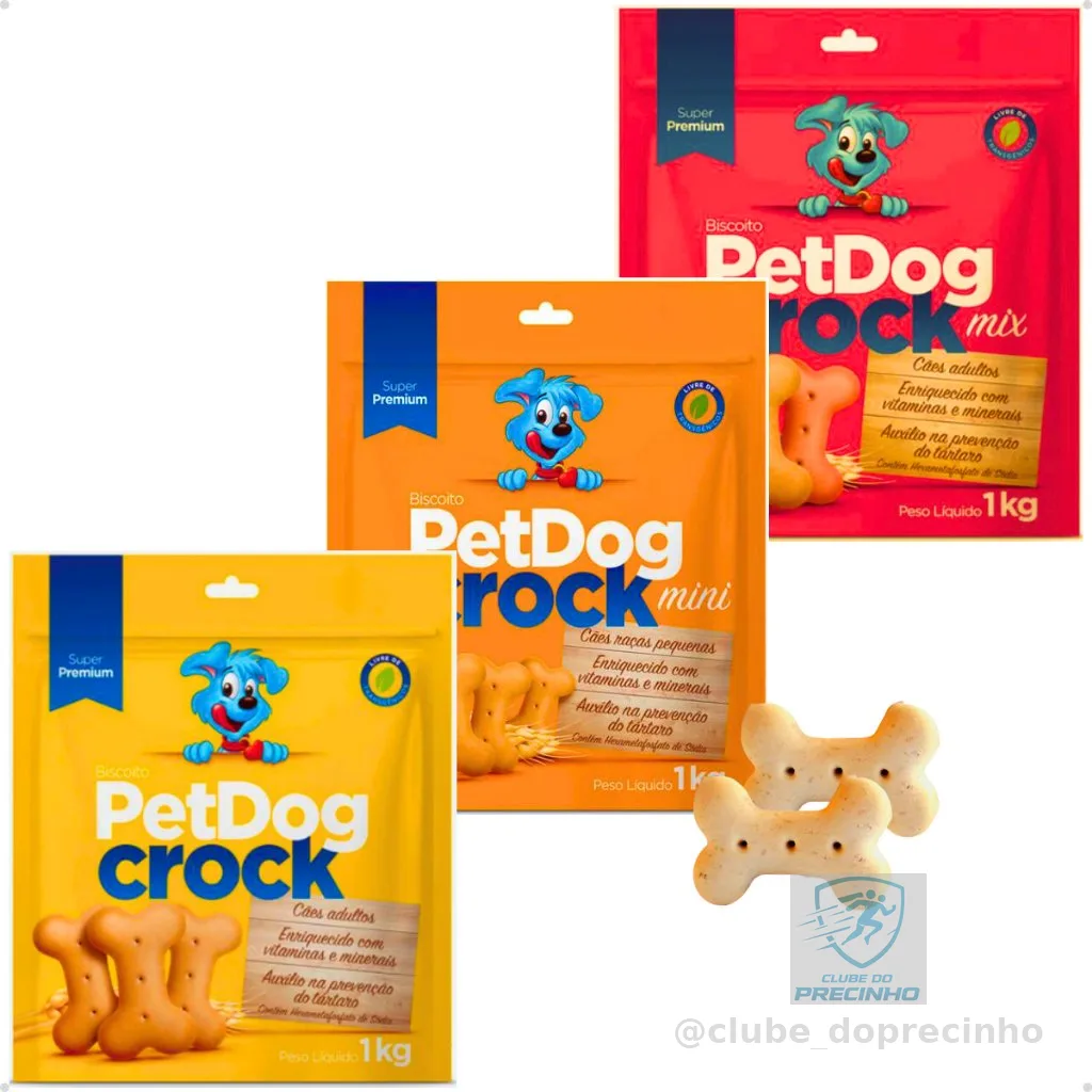 Biscoito Petisco Cachorro PetDog Crock Super Premium Todas as Raças, Pequenas, Médias e Grandes 1Kg