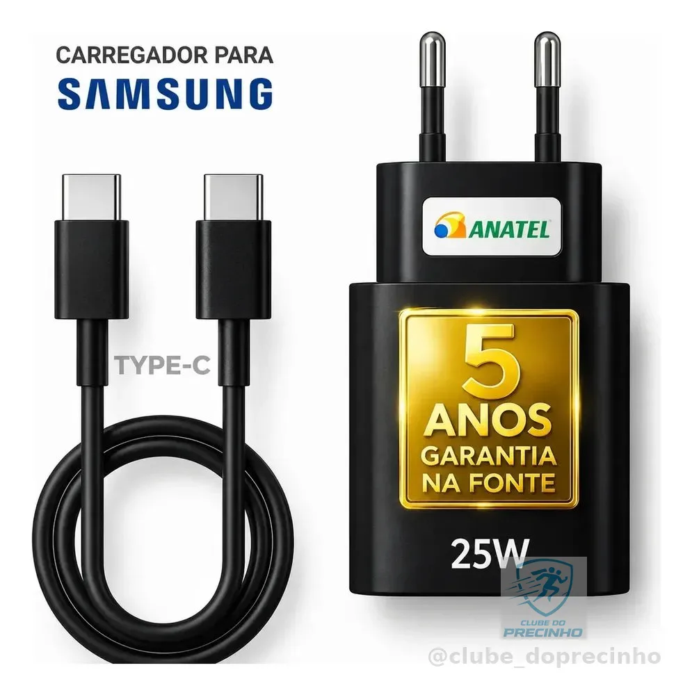 Carregador Super Rápido 25w Para Samsung Galaxy S24 S23 S22 S21 S20 Fe Ultra Motorola M22 M31 M32 M62 M63 M64 G15 Xiaomi Redmi Note 12 13 14 15 LG - Super Fast Cabo Blindado Tipo Usb C -Dtimp