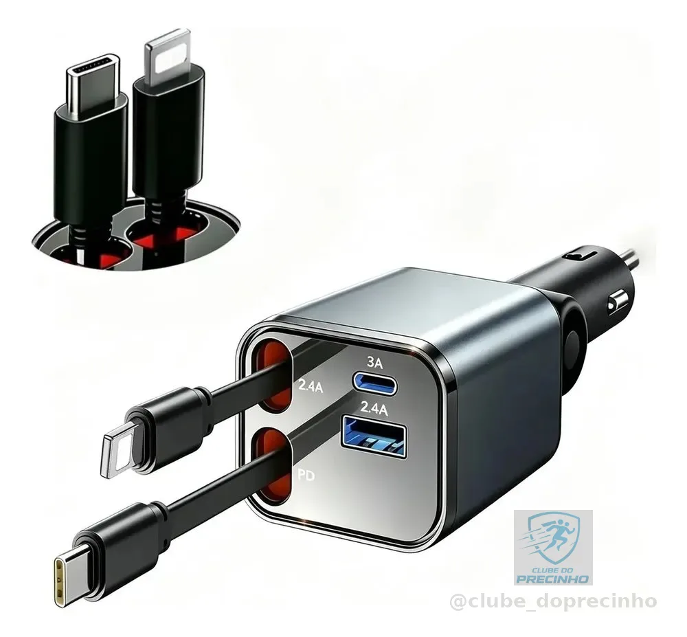 Carregador Veicular Turbo 4 Em 1 Compatível Com Android/ Ios Cinza