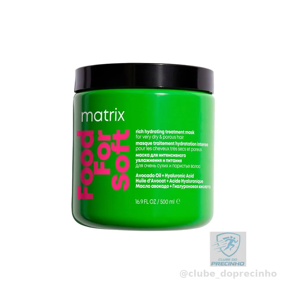 Matrix Food For Soft Máscara Capilar Hidratante, Com Ácido Hialurônico e Óleo de Abacate, Hidratação Profunda, Brilho e Maciez, Fórmula Vegana, Para Cabelos Secos, 500ml